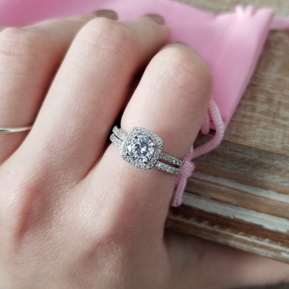 Sterling Silver Halo Simulated Diamond Ring Set - Picture 2 of 6